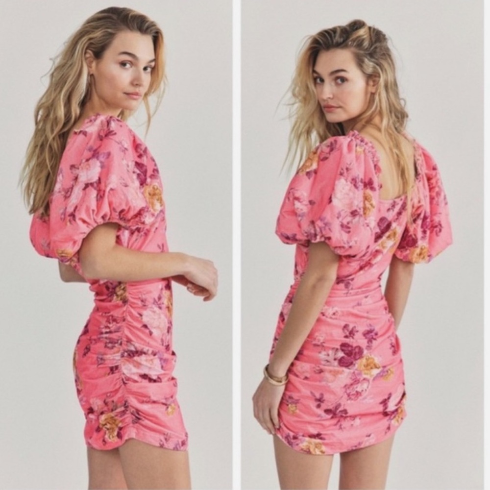 LoveShackFancy Pink Floral Puff-Sleeve Mini Dress